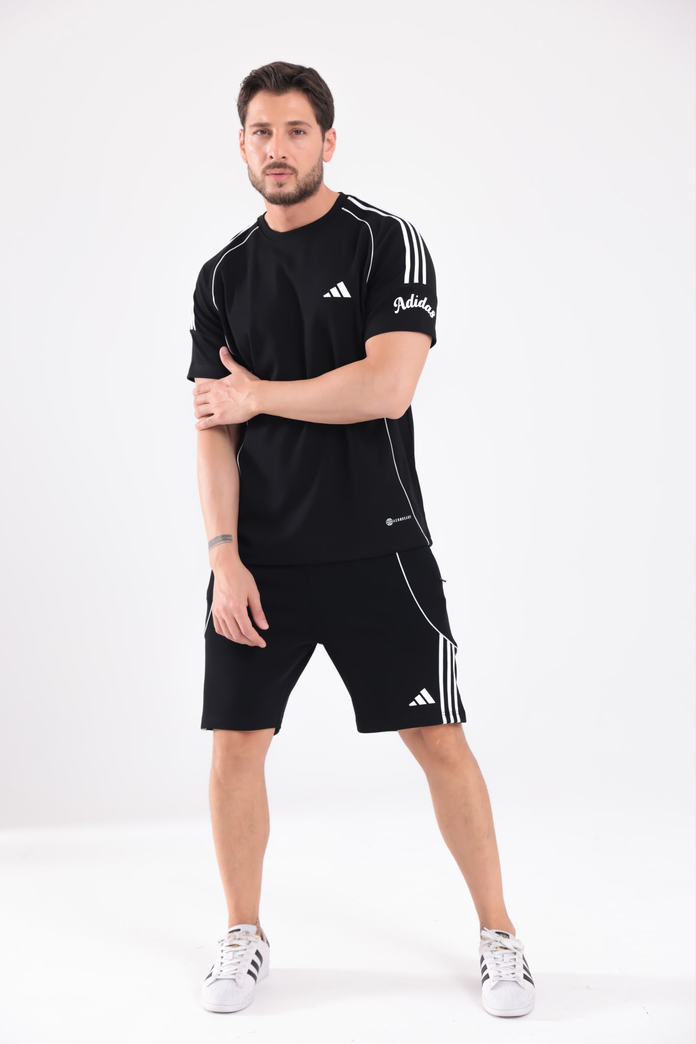 Erkek Siyah Çizgi Detaylı Spor Takım (Tişört & Şort Set
